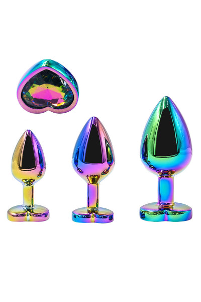 Coffret 3 plugs anal métal Crystal Heart arc-en-ciel DIK