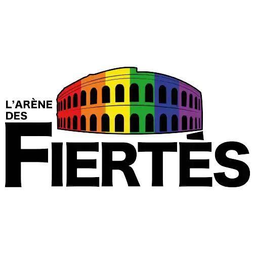 Logo du Colisée aux couleurs de l'arc-en-ciel avec le texte français 'L'ARÈNE DES FIERTES' en lettres noires.