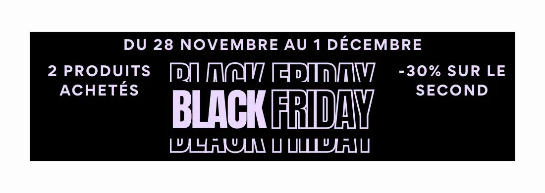Bannière de soldes Black Friday avec texte et design blancs sur un fond sombre.
