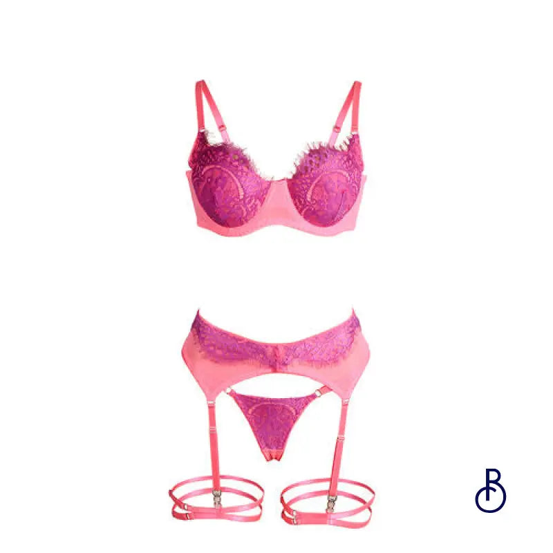 Ensemble de lingerie sexy rose et violet avec jarretelles