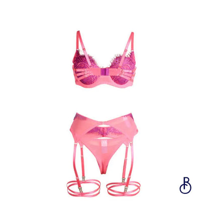 Ensemble de lingerie sexy rose et violet avec jarretelles