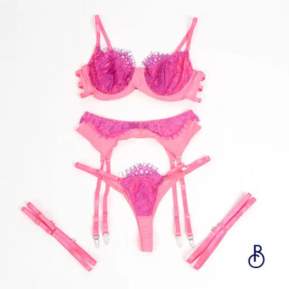 Ensemble de lingerie sexy rose et violet avec jarretelles